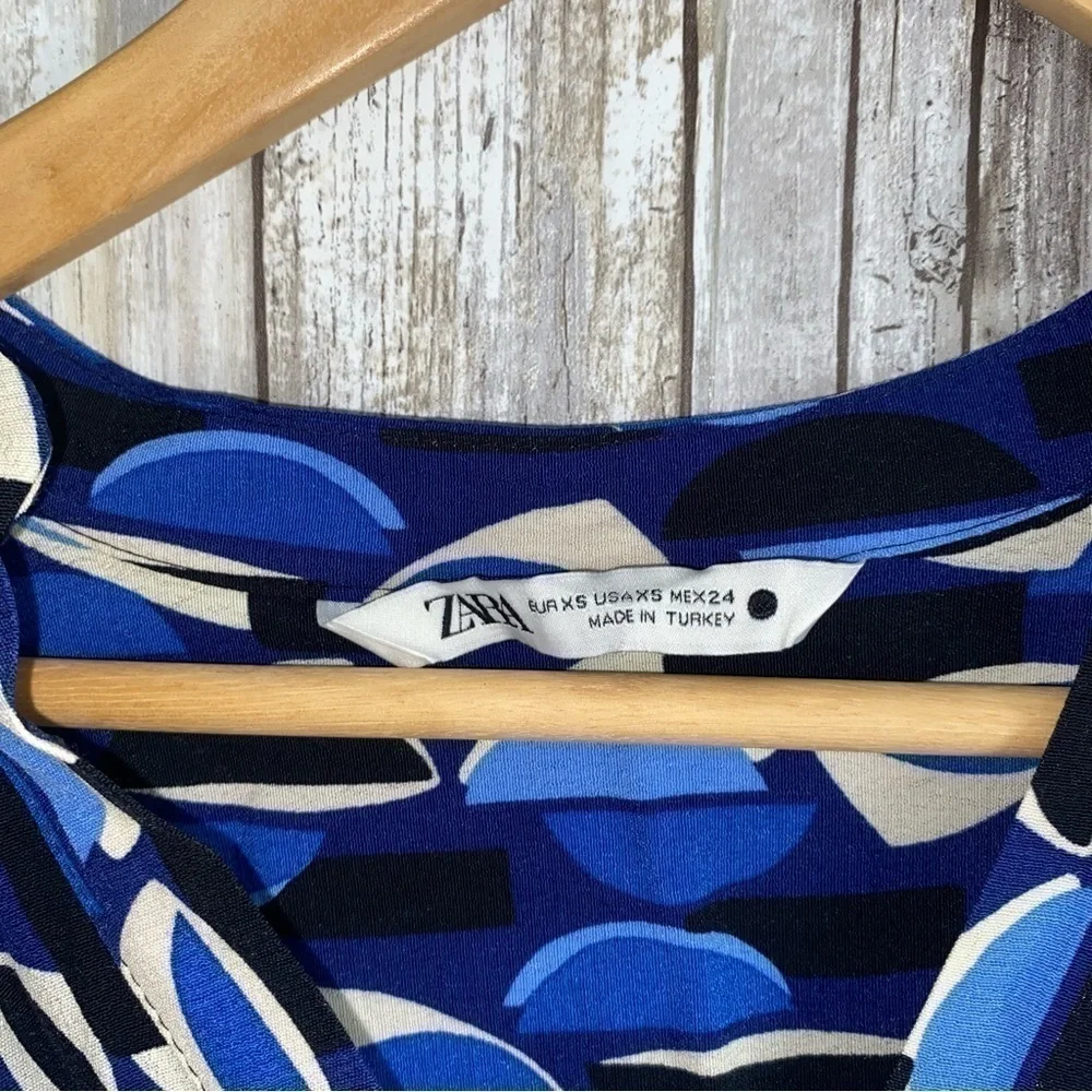 Zara Blue Geometric Print Ruffle Mini Dress Belted V Neck Long Sleeve XS - Picture 7 of 10